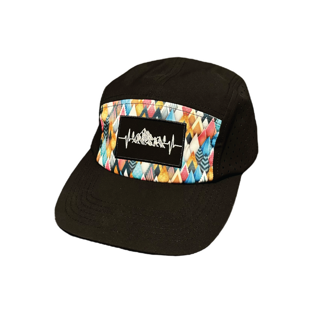 Mountains Hat, 5 Panel Hat, Snapback, Colored Peaks, Black, Mens Hat, Womens Hat, Front Picture 