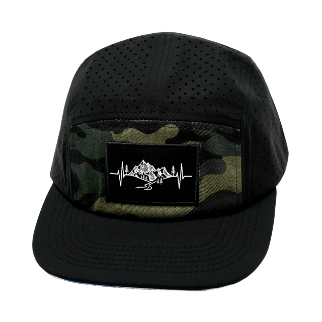 Mountains Hat, 5 Panel Hat, Snapback, Black, Green Camo, Mens Hat, Womens Hat, Front Picture
