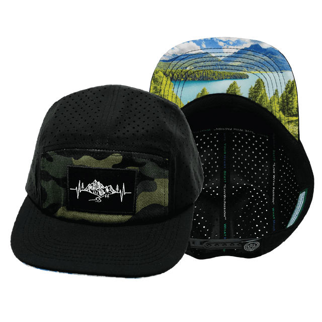 Mountains Hat, 5 Panel Hat, Snapback, Black, Green Camo, Mens Hat, Womens Hat, Main Picture