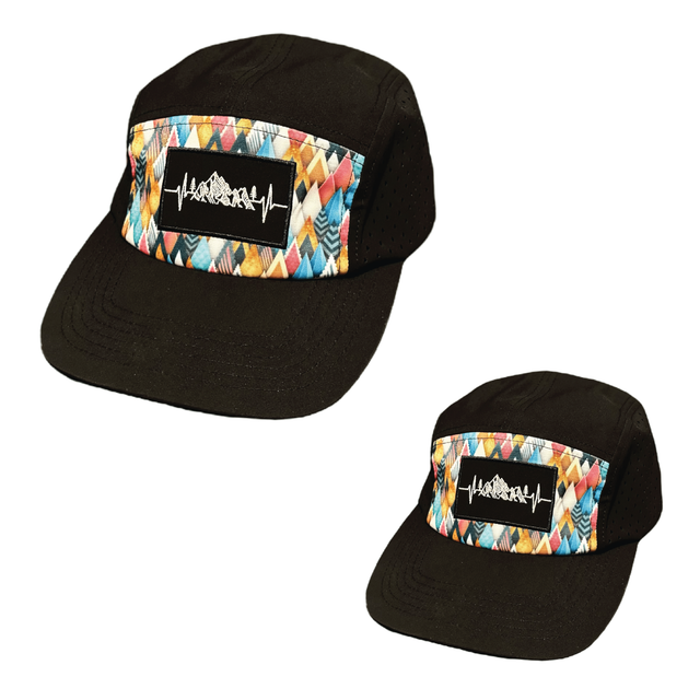 Mountains Hat Bundle, 5 Panel Hat, Snapback, Colored Peaks, Black, Mens Hat, Womens Hat, Front Picture 