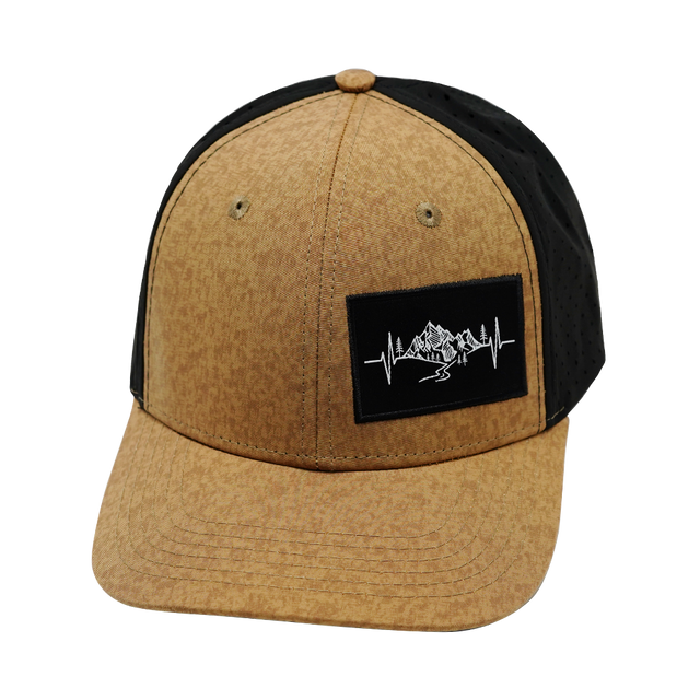 Mountains Hat, Baseball Hat, Snapback Hat, Tan Textured, Black, Mens Hat, Womens Hat, Front Picture 