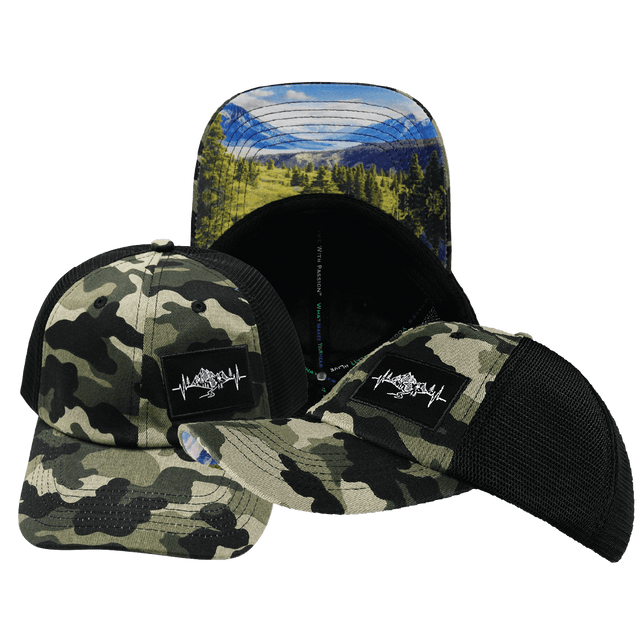 Mountains Hat, Dad Hat, Snapback, Camo, Black, Mens Hat, Womens Hat, Main Picture
