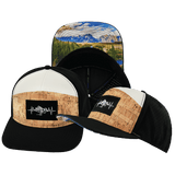 Mountains Hat, Flat Bill, Snapback Hat, Cork, Black, Cream, Mens Hat, Womens Hat, Main Picture