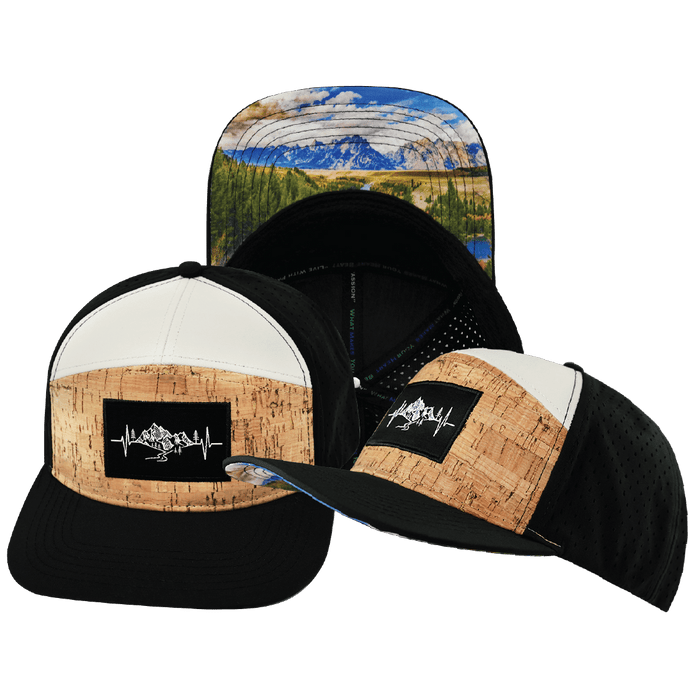 Mountains Hat — Flat Bill, Cork, Black / Cream, Laser Mesh