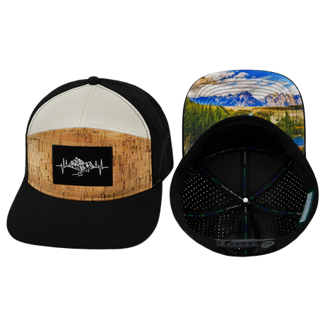 Mountains Hat, Flat Bill, Snapback Hat, Cork, Black, Cream, Mens Hat, Womens Hat, Main Picture