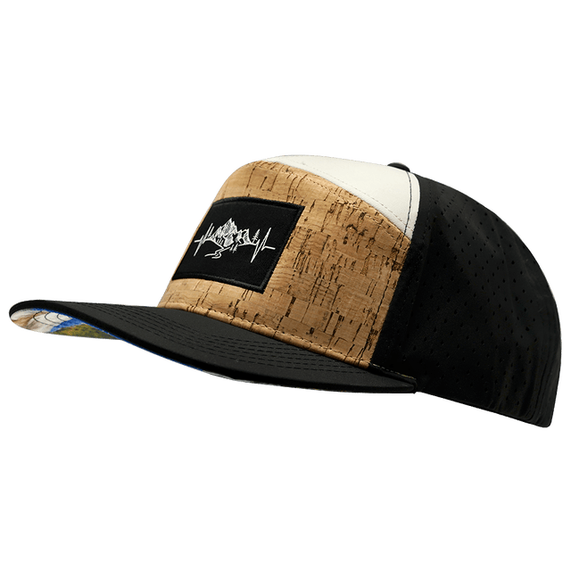 Mountains Hat, Flat Bill, Snapback Hat, Cork, Black, Cream, Mens Hat, Womens Hat, Side Picture