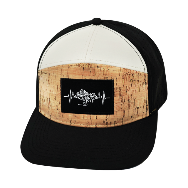 Mountains Hat, Flat Bill, Snapback Hat, Cork, Black, Cream, Mens Hat, Womens Hat, Front Picture