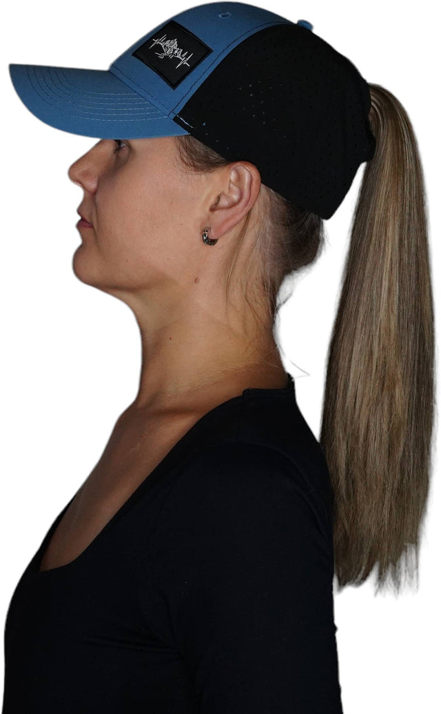 Mountains Hat, Low Profile, Ponytail, Snapback Hat, Blue, Blacck, Mens Hat, Womens Hat, Side Woman In Hat Picture 