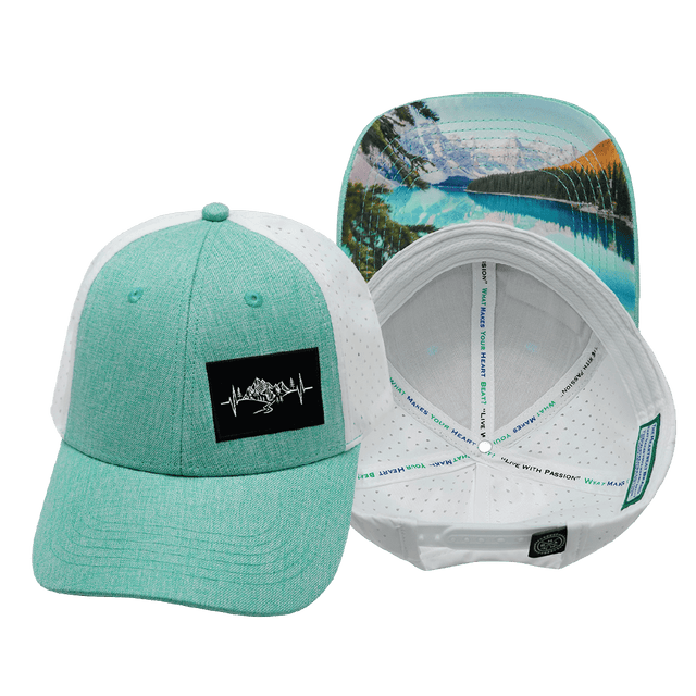 Mountains Hat, Low Profile, Ponytail, Snapback Hat, Teal, White, Mens Hat, Womens Hat, Main Picture 