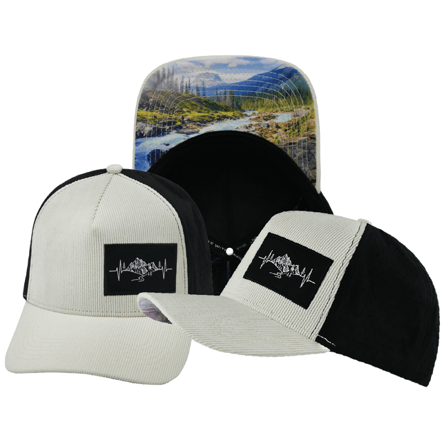 Mountains Hat, Trucker Hat, Snapback Hat, Corduroy, Cream, Black, Mens Hat, Womens Hat, Main Picture