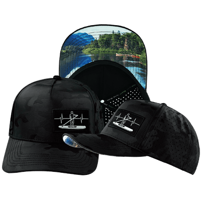 Paddle Board Hat Trucker Hat — Black Camo, Laser Mesh
