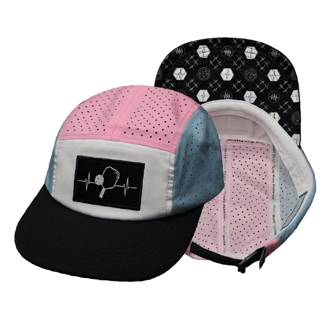 Pickleball hat, 5 Panel Hat, Strapback, Light Blue, Pink, White, Mens Hat, Womens Hat, Main Picture