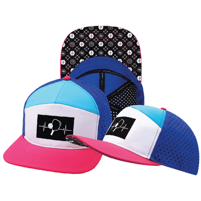 Pickleball Hat — Flat Bill, Neon Pink / White / Neon Blue Green / Blue, Laser Mesh