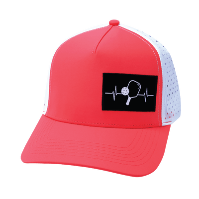 Pickleball Hat, Trucker Hat, Snapback Hat, Neon Peach, White, Mens Hat, Womens Hat, Front Picture