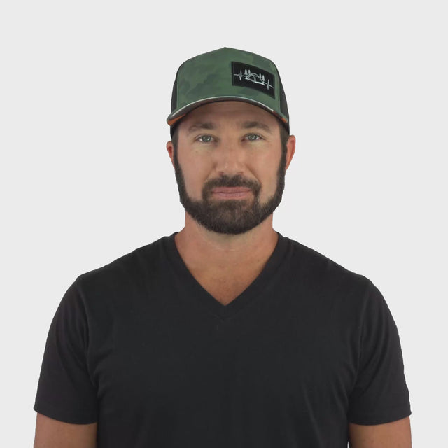 Camping Hat - Trucker Hat - Soft Teal Camo / Black - Trucker Mesh