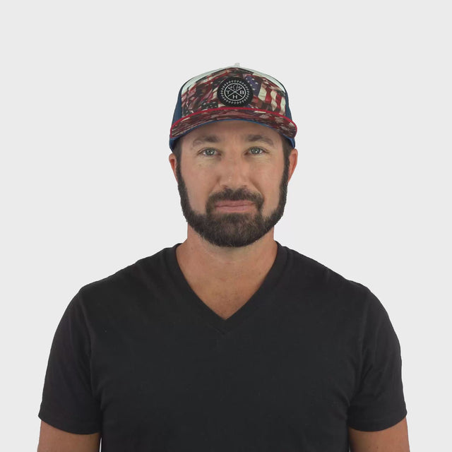 **ADULT** Color Vibes Hat - Flat Bill - Silk Flag - Dark Red / White / Navy - Laser Mesh