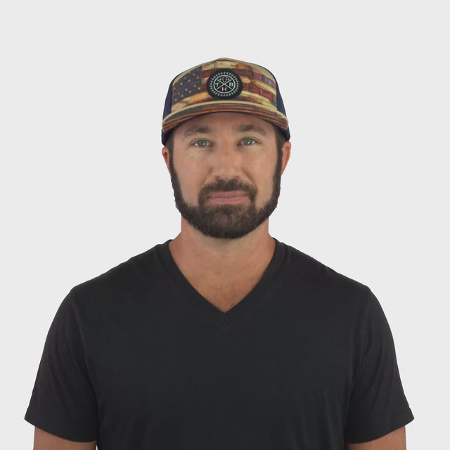 **ADULT** Color Vibes Hat - Flat Bill - Stained Flag - Light Tan / Navy - Laser Mesh