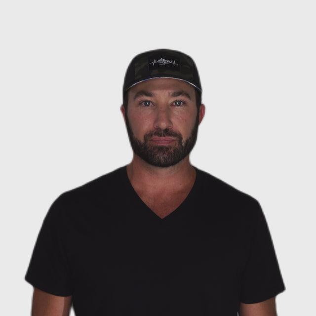 Mountains Hat - 5 Panel - Black / Green Camo - Laser Mesh