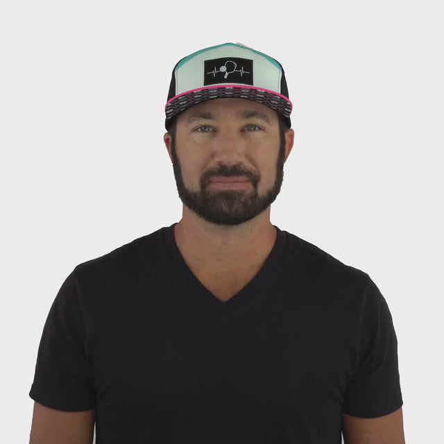 Pickleball Hat - Flat Bill - Neon Pink / White / Neon Blue Green / Black - Laser Mesh