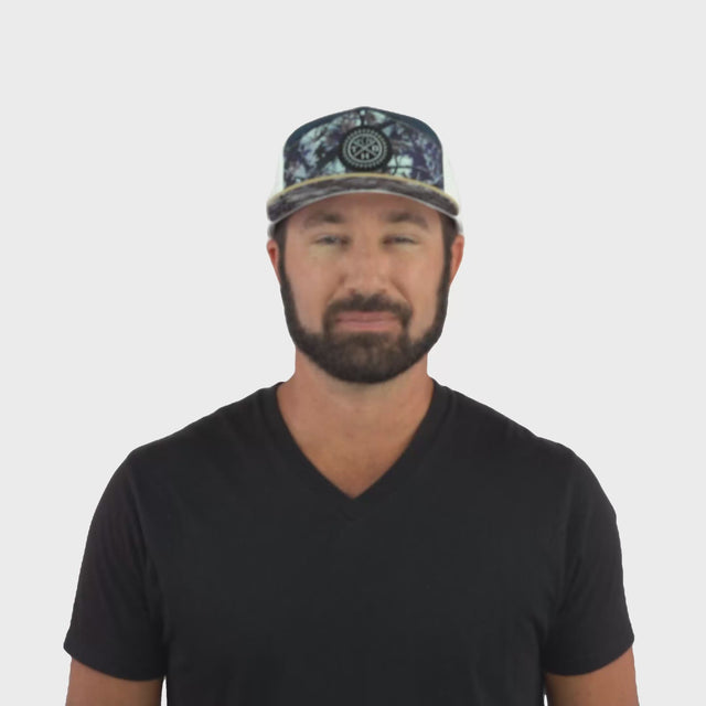 Color Vibes Hat - Flat Bill - Evening Leaves - Light Tan / Navy / White - Laser Mesh