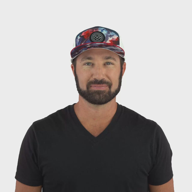 **ADULT** Color Vibes Hat - Flat Bill - Geo Flag - Dark Red / Navy / White - Laser Mesh