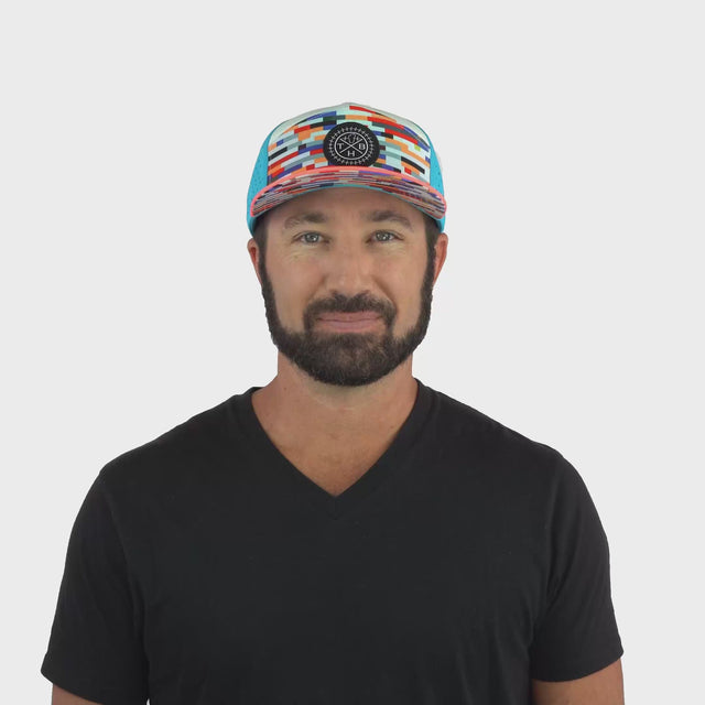 Color Vibes Hat - Flat Bill - Party Blocks - Neon Peach / White / Neon Blue - Laser Mesh