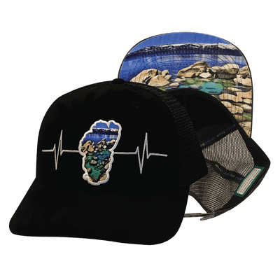 Tahoe Hat — Baseball Hat Fit, Suede, Black, Sand Harbor, Trucker Mesh