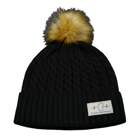 Tahoe Beanie, Pom Beanie, Black, Silver Patch, Mens Beanie, Womens Beanie, Front Picture