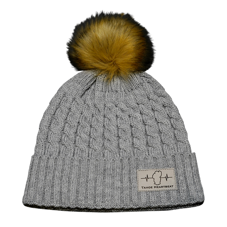 Tahoe Beanie, Pom Beanie, Gray, Silver Patch, Mens Beanie, Womens Beanie, Front Picture