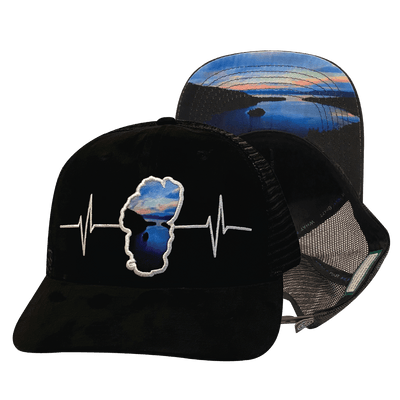 Tahoe Hat — Baseball Hat Fit, Suede, Black, Sunrise, Trucker Mesh