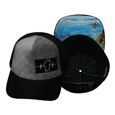 Tahoe Hat Trucker Hat — Quilted Velvet, Black / Gray, Trucker Mesh