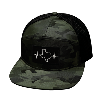 Texas Hat, Flat Bill, Snapback Hat, Green Camo, Black, Mens Hat, Womens Hat, Front Picture