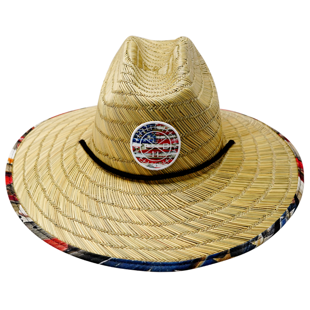 THB Straw, Sun Hat, American Flag Vintage Wood, Mens Straw Hat, Womens Straw Hat, Front Picture