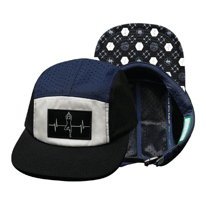 Yoga Hat — 5 Panel, Ponytail, Black / White / Navy, Laser Mesh