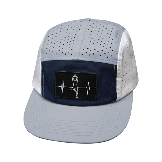 Yoga Hat, 5 Panel Hat, Ponytail, Strapback, Gray, Navy, White, Mens Hat, Womens Hat, Front Picture