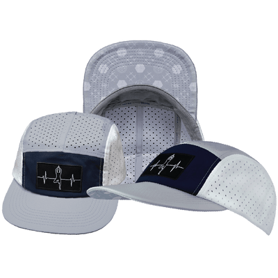 Yoga Hat — 5 Panel, Ponytail, Gray / Navy / White, Laser Mesh
