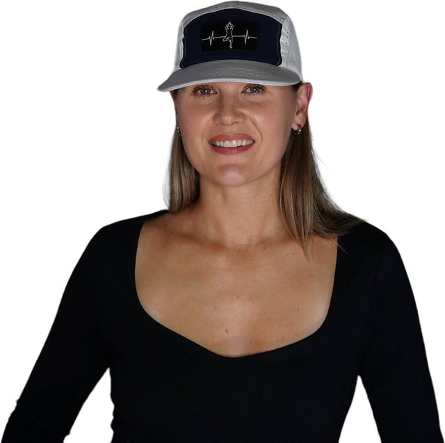 Yoga Hat, 5 Panel Hat, Ponytail, Strapback, Gray, Navy, White, Mens Hat, Womens Hat, Woman In Hat Picture