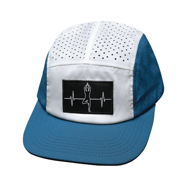 Yoga Hat, 5 Panel Hat, Ponytail, Strapback, Light Blue, White, Mens Hat, Womens Hat, Front Picture