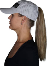 Yoga Hat, Dad Hat, Ponytail, Snapback, Gray, Mens Hat, Womens Hat, Side Woman In Hat Picture