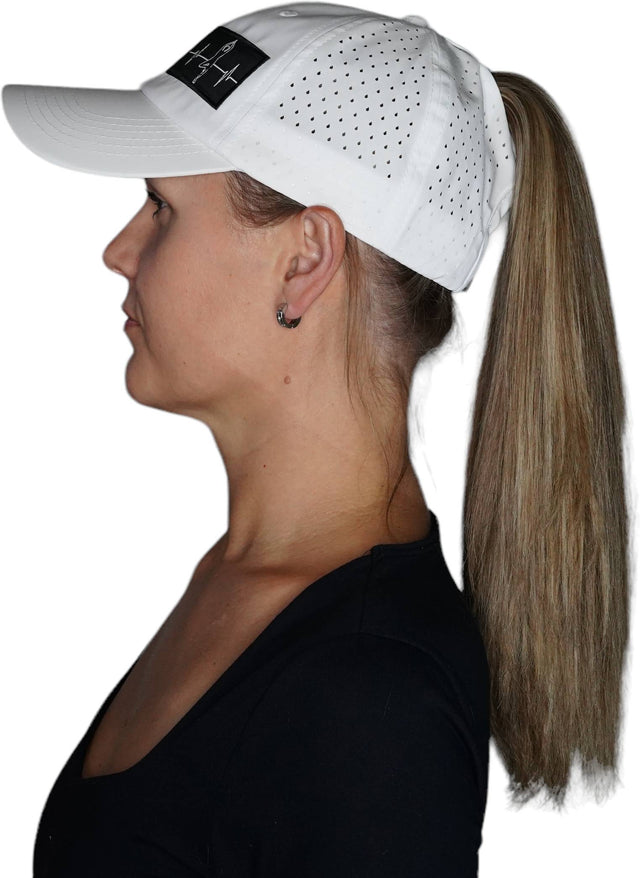 Yoga Hat, Dad Hat, Ponytail, Snapback, White, Mens Hat, Womens Hat, Side Woman In Hat Picture