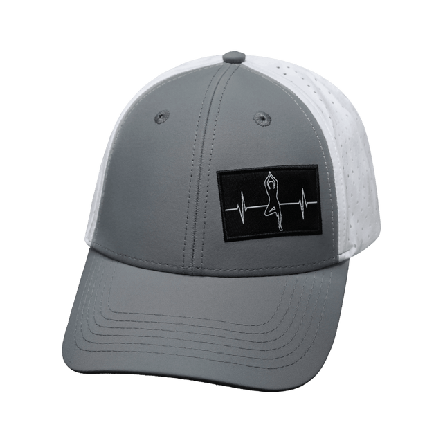 Yoga Hat, Low Profile, Ponytail, Snapback Hat, Gray, White, Mens Hat, Womens Hat, Front Picture 