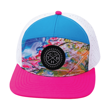 Youth Color Vibes Hat, Flat Bill, Snapback Hat, Candy Land, Neon Pink, Neon Blue, White, Mens Hat, Womens Hat, Front Picture  