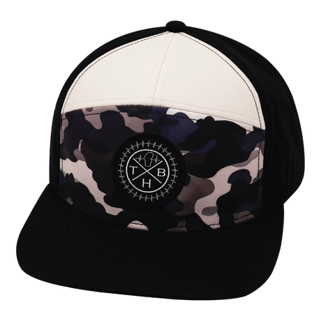 Youth Color Vibes Hat, Flat Bill, Snapback Hat, Desert Night Camo, Black, Cream, Mens Hat, Womens Hat, Front Picture   