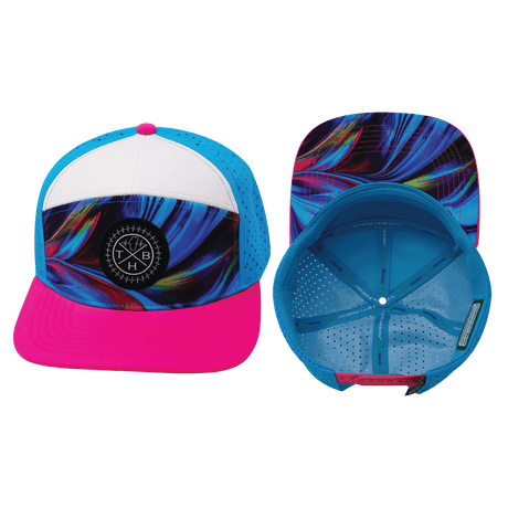 Youth Color Vibes Hat, Flat Bill, Snapback Hat, Feather Glow, Neon Pink, White, Neon Blue, Mens Hat, Womens Hat, Main Picture 