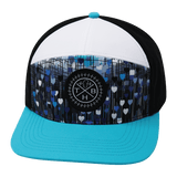 Youth Color Vibes Hat, Flat Bill, Snapback Hat, Love Rising, Neon Blue Green, White, Black, Mens Hat, Womens Hat, Front Picture