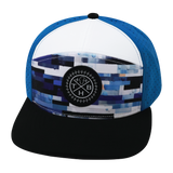 Youth Color Vibes Hat, Flat Bill, Snapback Hat, Sky Blocks, Black, White, Blue, Mens Hat, Womens Hat, Front Picture   