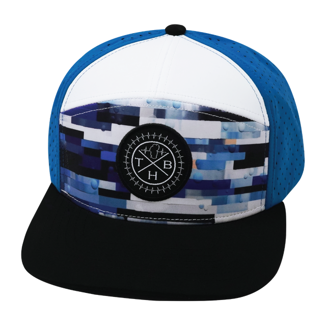 Youth Color Vibes Hat, Flat Bill, Snapback Hat, Sky Blocks, Black, White, Blue, Mens Hat, Womens Hat, Front Picture   