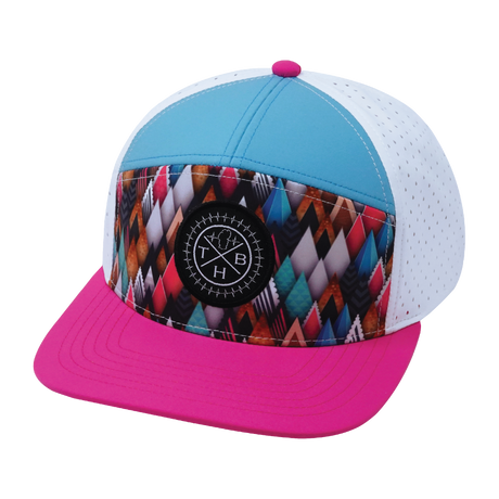 Youth Color Vibes Hat, Flat Bill, Snapback Hat, Neon Peaks, Neon Pink, Neon Green Blue, White, Mens Hat, Womens Hat, Front Picture   
