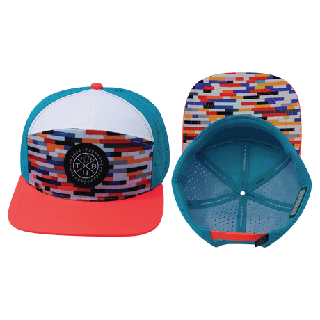 Youth Color Vibes Hat, Flat Bill, Snapback Hat, Party Blocks, Neon Peach, White, Neon Blue, Mens Hat, Womens Hat, Main Picture 