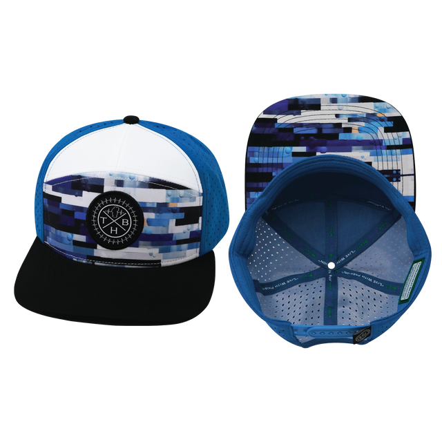 Youth Color Vibes Hat, Flat Bill, Snapback Hat, Sky Blocks, Black, White, Blue, Mens Hat, Womens Hat, Main Picture   